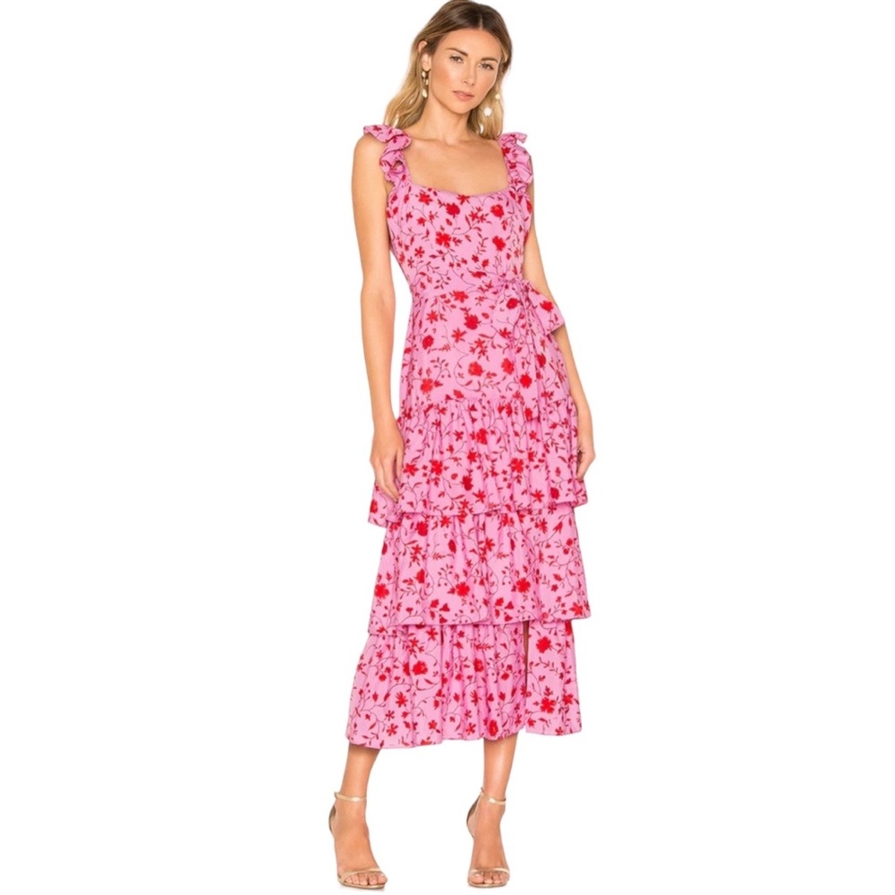 Likely Charlotte Midi Dress Size 6 Floral Tiered Ruffles Wedding Guest Pink